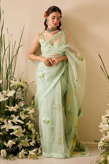 Buy_Meghstudio_Green Organza Sweetheart Neck Ariel Floral Sequin Work Saree With Blouse 