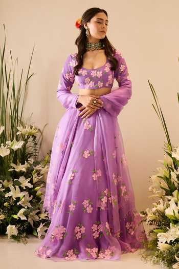 Buy Meghstudio Purple Crepe, Organza Scoop Neck Eve Sequin Work Lehenga Set Buy_Meghstudio_Purple Crepe, Organza Scoop Neck Eve Sequin Work Lehenga Set