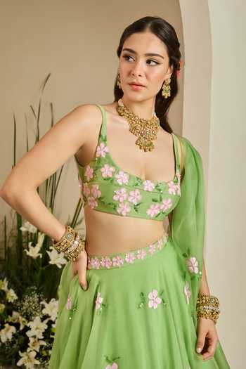 Meghstudio_Green Chanderi, Organza Round Neck Tiana Sequin Embroidered Lehenga Set _Online_at_Aza_Fashions