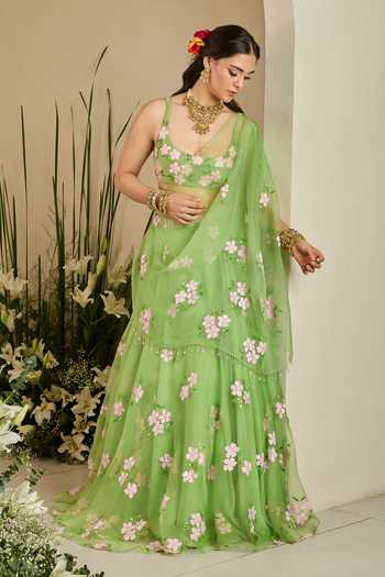 Buy_Meghstudio_Green Chanderi, Organza Round Neck Tiana Sequin Embroidered Lehenga Set _Online_at_Aza_Fashions