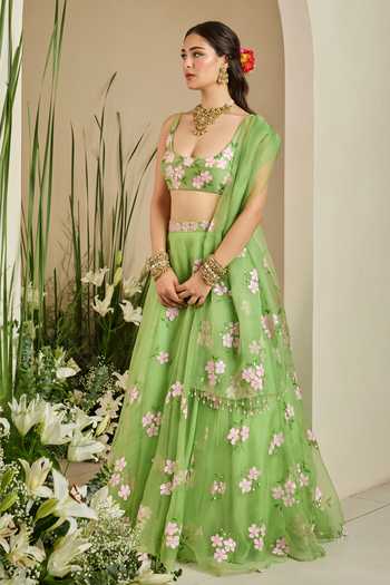 Shop_Meghstudio_Green Chanderi, Organza Round Neck Tiana Sequin Embroidered Lehenga Set _Online_at_Aza_Fashions