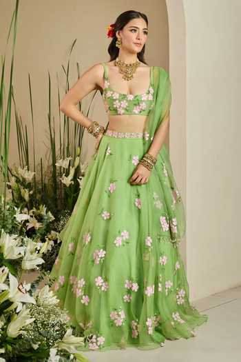 Meghstudio_Green Chanderi, Organza Round Neck Tiana Sequin Embroidered Lehenga Set _at_Aza_Fashions