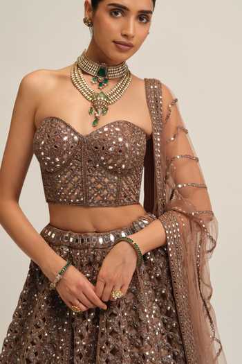 Vvani by vani vats_Beige Crepe, Georgette, Net Sequins, Stones, Flower Embroidered Lehenga Set _Online_at_Aza_Fashions