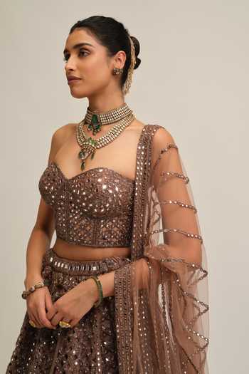 Shop_Vvani by vani vats_Beige Crepe, Georgette, Net Sequins, Stones, Flower Embroidered Lehenga Set _Online_at_Aza_Fashions