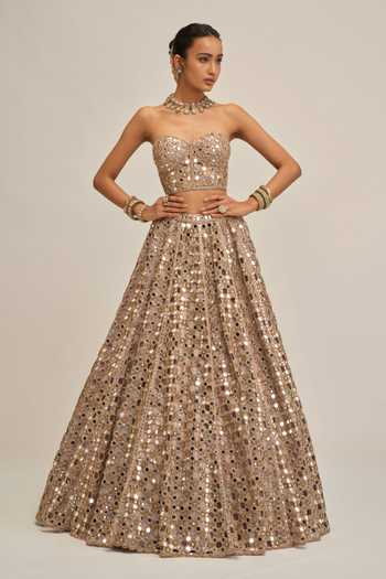 Vvani By Vani Vats Gold Crepe, Georgette Sequins, Mirrors, Cut Work Sweetheart Corset With Lehenga Online at Aza Fashions Vvani By Vani Vats_Gold Crepe, Georgette Sequins, Mirrors, Cut Work Sweetheart Corset With Lehenga _Online_at_Aza_Fashions