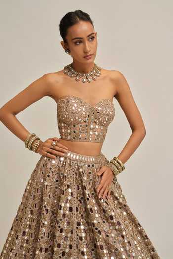 Shop Vvani By Vani Vats Gold Crepe, Georgette Sequins, Mirrors, Cut Work Sweetheart Corset With Lehenga Online at Aza Fashions Shop_Vvani By Vani Vats_Gold Crepe, Georgette Sequins, Mirrors, Cut Work Sweetheart Corset With Lehenga _Online_at_Aza_Fashions