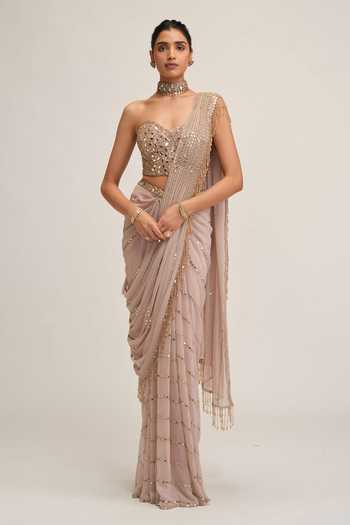 Vvani by vani vats Linear Mirror Work Pre-Draped Saree Set 