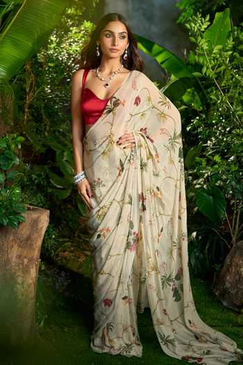 Aariyana Couture_Multi Color Floral Vine Print Pre-draped Saree With Contrasting Blouse _Online_at_Aza_Fashions