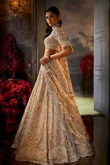 Seema Gujral Beige Silk, Organza Square Neck Pearl Embroidered Lehenga Set Online at Aza Fashions Seema Gujral_Beige Silk, Organza Square Neck Pearl Embroidered Lehenga Set _Online_at_Aza_Fashions