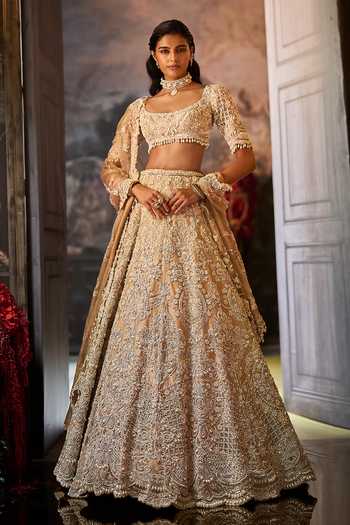 Buy Seema Gujral Beige Silk, Organza Square Neck Pearl Embroidered Lehenga Set Online at Aza Fashions Buy_Seema Gujral_Beige Silk, Organza Square Neck Pearl Embroidered Lehenga Set _Online_at_Aza_Fashions