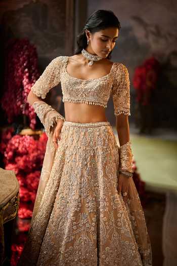 Shop Seema Gujral Beige Silk, Organza Square Neck Pearl Embroidered Lehenga Set Online at Aza Fashions Shop_Seema Gujral_Beige Silk, Organza Square Neck Pearl Embroidered Lehenga Set _Online_at_Aza_Fashions