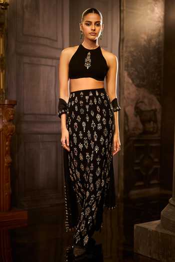 Seema Gujral Black Crepe, Organza Halter Neck Crystal Work Blouse Skirt Set at Aza Fashions Seema Gujral_Black Crepe, Organza Halter Neck Crystal Work Blouse Skirt Set _at_Aza_Fashions