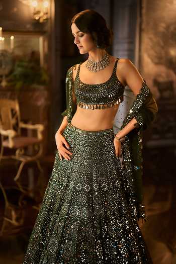Seema Gujral Green Net Scoop Neck Mirror Embroidered Lehenga Set Online at Aza Fashions Seema Gujral_Green Net Scoop Neck Mirror Embroidered Lehenga Set _Online_at_Aza_Fashions