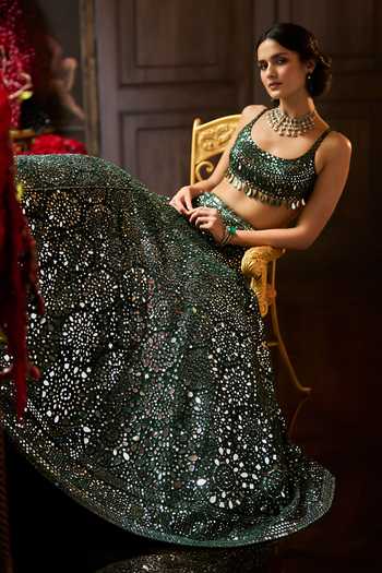 Buy Seema Gujral Green Net Scoop Neck Mirror Embroidered Lehenga Set Online at Aza Fashions Buy_Seema Gujral_Green Net Scoop Neck Mirror Embroidered Lehenga Set _Online_at_Aza_Fashions