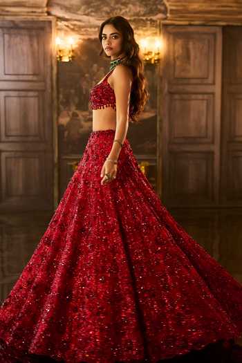 Seema Gujral Red Net Round Neck Crystal Embroidered Bridal Lehenga Set Online at Aza Fashions Seema Gujral_Red Net Round Neck Crystal Embroidered Bridal Lehenga Set _Online_at_Aza_Fashions