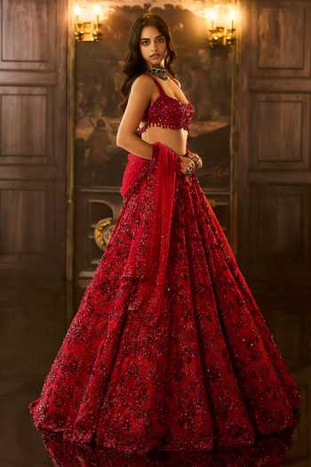 Buy Seema Gujral Red Net Round Neck Crystal Embroidered Bridal Lehenga Set Online at Aza Fashions Buy_Seema Gujral_Red Net Round Neck Crystal Embroidered Bridal Lehenga Set _Online_at_Aza_Fashions