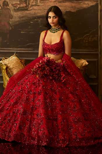 Seema Gujral Red Net Round Neck Crystal Embroidered Bridal Lehenga Set at Aza Fashions Seema Gujral_Red Net Round Neck Crystal Embroidered Bridal Lehenga Set _at_Aza_Fashions
