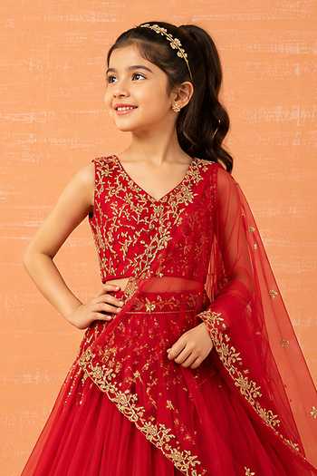 Quench A Thirst Red Net Hand-embroidered Lehenga Set Online at Aza Fashions Quench A Thirst_Red Net Hand-embroidered Lehenga Set _Online_at_Aza_Fashions