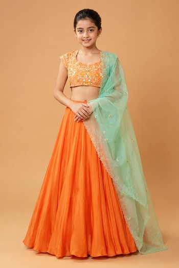 Quench A Thirst Orange Hand-Embroidered Lehenga Set 