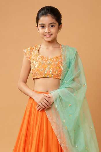 Quench A Thirst Orange Organza, Satin, Modal Hand-embroidered Lehenga Set Online at Aza Fashions Quench A Thirst_Orange Organza, Satin, Modal Hand-embroidered Lehenga Set _Online_at_Aza_Fashions