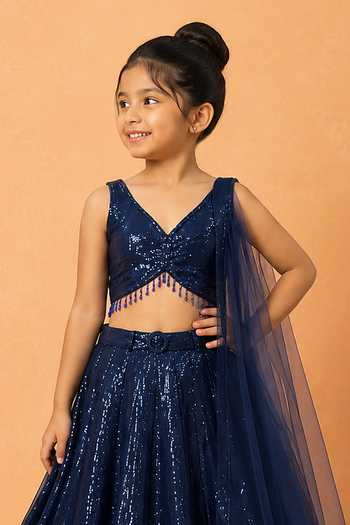 Quench A Thirst_Blue Georgette, Net Deep Sequin Work Lehenga Set _Online_at_Aza_Fashions