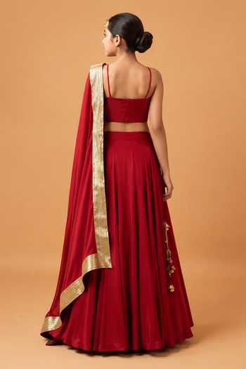 Shop Quench A Thirst Red Satin, Modal Deep Zari-trimmed Lehenga Set at Aza Fashions Shop_Quench A Thirst_Red Satin, Modal Deep Zari-trimmed Lehenga Set _at_Aza_Fashions
