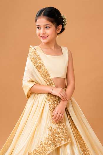 Quench A Thirst_Off White Satin, Modal Golden Ombre Embroidered Lehenga Set _Online_at_Aza_Fashions