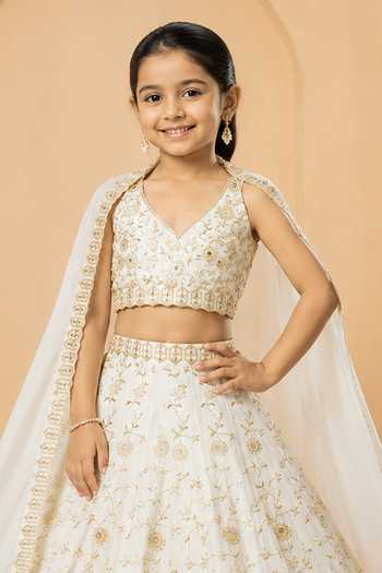 Quench A Thirst_Off White Satin, Modal Ivory Mirror Embellished Lehenga Set _Online_at_Aza_Fashions