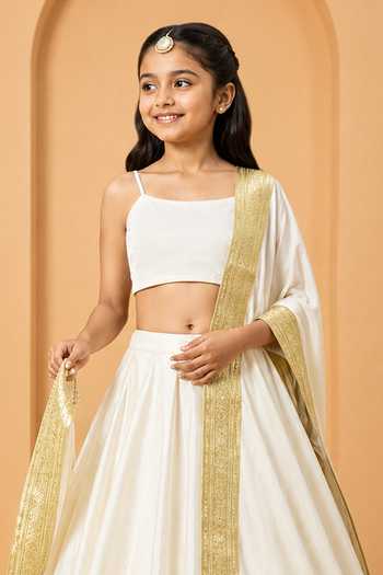 Quench A Thirst Ivory Satin, Modal Lace-trimmed Lehenga Set Online at Aza Fashions Quench A Thirst_Ivory Satin, Modal Lace-trimmed Lehenga Set _Online_at_Aza_Fashions