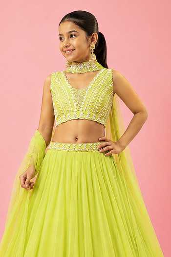 Quench A Thirst Green Georgette, Net Lime Hand-embroidered Lehenga Set Online at Aza Fashions Quench A Thirst_Green Georgette, Net Lime Hand-embroidered Lehenga Set _Online_at_Aza_Fashions