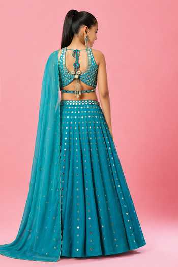 Quench A Thirst Turquoise Mirror-Embellished Lehenga Set