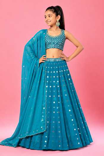 Quench A Thirst Turquoise Mirror-Embellished Lehenga Set
