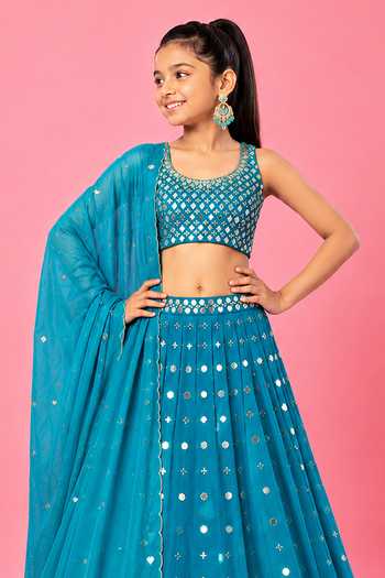 Quench A Thirst Blue Satin, Modal Turquoise Mirror-embellished Lehenga Set Online at Aza Fashions Quench A Thirst_Blue Satin, Modal Turquoise Mirror-embellished Lehenga Set _Online_at_Aza_Fashions