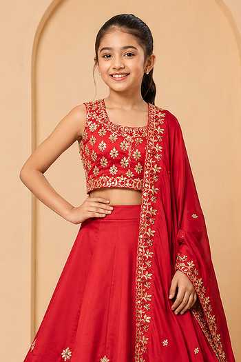 Quench A Thirst Red Satin, Modal Hand-embroidered Lehenga Set Online at Aza Fashions Quench A Thirst_Red Satin, Modal Hand-embroidered Lehenga Set _Online_at_Aza_Fashions