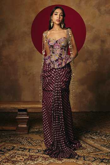Saanjh By Lea_Wine Brocade Embroidery Sweetheart Neck Poorva Purple Corset _at_Aza_Fashions