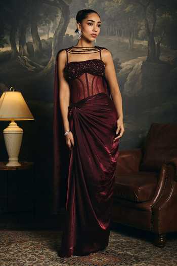 Buy SAANJH BY LEA Burgundy Organza, Satin Sequins, Beads Bandeau Neck Alisha Corset Saree Gown Online at Aza Fashions Buy_SAANJH BY LEA_Burgundy Organza, Satin Sequins, Beads Bandeau Neck Alisha Corset Saree Gown _Online_at_Aza_Fashions