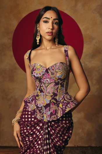 SAANJH BY LEA_Purple Georgette, Brocade Embroidery Poorva Corset And Draped Skirt Set _Online_at_Aza_Fashions