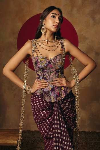 Shop_SAANJH BY LEA_Purple Georgette, Brocade Embroidery Poorva Corset And Draped Skirt Set _Online_at_Aza_Fashions
