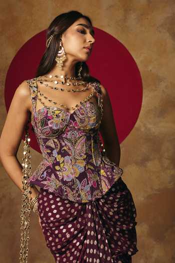 Buy_SAANJH BY LEA_Purple Georgette, Brocade Embroidery Poorva Corset And Draped Skirt Set 
