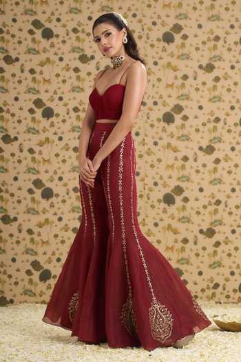 Aayushi Maniar Maroon Organza, Tissue, Georgette Collared Neck, Aarini Jacket Sharara Set Online at Aza Fashions Aayushi Maniar_Maroon Organza, Tissue, Georgette Collared Neck, Aarini Jacket Sharara Set _Online_at_Aza_Fashions