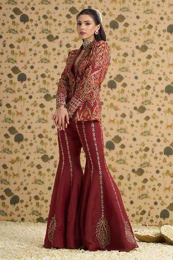 Buy Aayushi Maniar Maroon Organza, Tissue, Georgette Collared Neck, Aarini Jacket Sharara Set Online at Aza Fashions Buy_Aayushi Maniar_Maroon Organza, Tissue, Georgette Collared Neck, Aarini Jacket Sharara Set _Online_at_Aza_Fashions