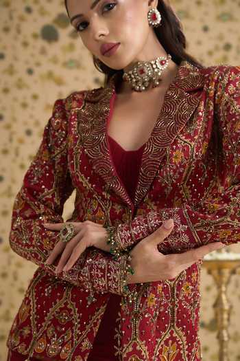 Shop Aayushi Maniar Maroon Organza, Tissue, Georgette Collared Neck, Aarini Jacket Sharara Set Online at Aza Fashions Shop_Aayushi Maniar_Maroon Organza, Tissue, Georgette Collared Neck, Aarini Jacket Sharara Set _Online_at_Aza_Fashions