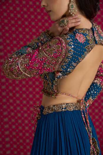 Shop Aayushi Maniar Pink Georgette, Silk, Organza Sweetheart Neck Neelambari Embroidered Lehenga Set Online at Aza Fashions Shop_Aayushi Maniar_Pink Georgette, Silk, Organza Sweetheart Neck Neelambari Embroidered Lehenga Set _Online_at_Aza_Fashions