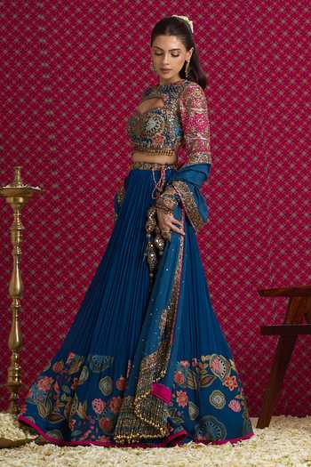 Aayushi Maniar Pink Georgette, Silk, Organza Sweetheart Neck Neelambari Embroidered Lehenga Set at Aza Fashions Aayushi Maniar_Pink Georgette, Silk, Organza Sweetheart Neck Neelambari Embroidered Lehenga Set _at_Aza_Fashions