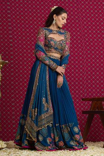 Shop Aayushi Maniar Pink Georgette, Silk, Organza Sweetheart Neck Neelambari Embroidered Lehenga Set Shop_Aayushi Maniar_Pink Georgette, Silk, Organza Sweetheart Neck Neelambari Embroidered Lehenga Set