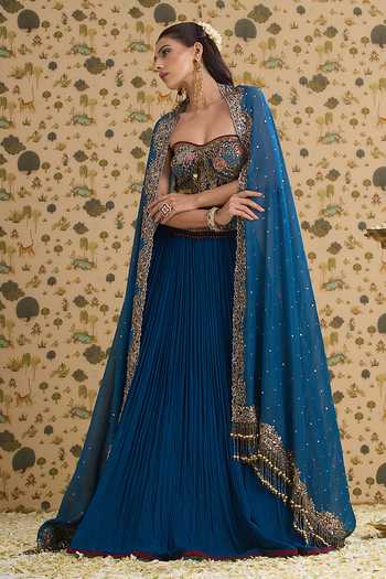 Aayushi Maniar Blue Georgette, Silk, Organza Tassels Sweetheart Neck Lehenga Corset Set Online at Aza Fashions Aayushi Maniar_Blue Georgette, Silk, Organza Tassels Sweetheart Neck Lehenga Corset Set _Online_at_Aza_Fashions