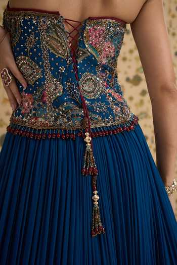 Buy Aayushi Maniar Blue Georgette, Silk, Organza Tassels Sweetheart Neck Lehenga Corset Set Online at Aza Fashions Buy_Aayushi Maniar_Blue Georgette, Silk, Organza Tassels Sweetheart Neck Lehenga Corset Set _Online_at_Aza_Fashions