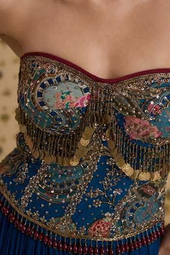 Shop Aayushi Maniar Blue Georgette, Silk, Organza Tassels Sweetheart Neck Lehenga Corset Set Online at Aza Fashions Shop_Aayushi Maniar_Blue Georgette, Silk, Organza Tassels Sweetheart Neck Lehenga Corset Set _Online_at_Aza_Fashions