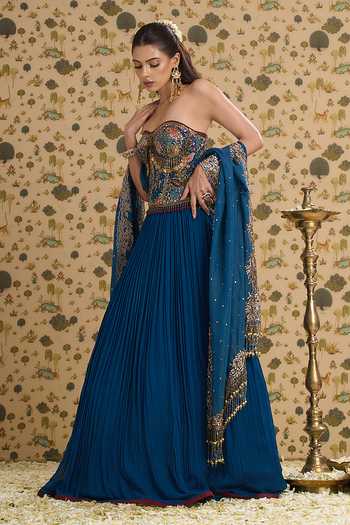 Aayushi Maniar Blue Georgette, Silk, Organza Tassels Sweetheart Neck Lehenga Corset Set at Aza Fashions Aayushi Maniar_Blue Georgette, Silk, Organza Tassels Sweetheart Neck Lehenga Corset Set _at_Aza_Fashions