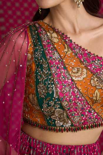 Aayushi Maniar Pink Silk One Shoulder Tara Lehenga And Blouse Set Online at Aza Fashions Aayushi Maniar_Pink Silk One Shoulder Tara Lehenga And Blouse Set _Online_at_Aza_Fashions